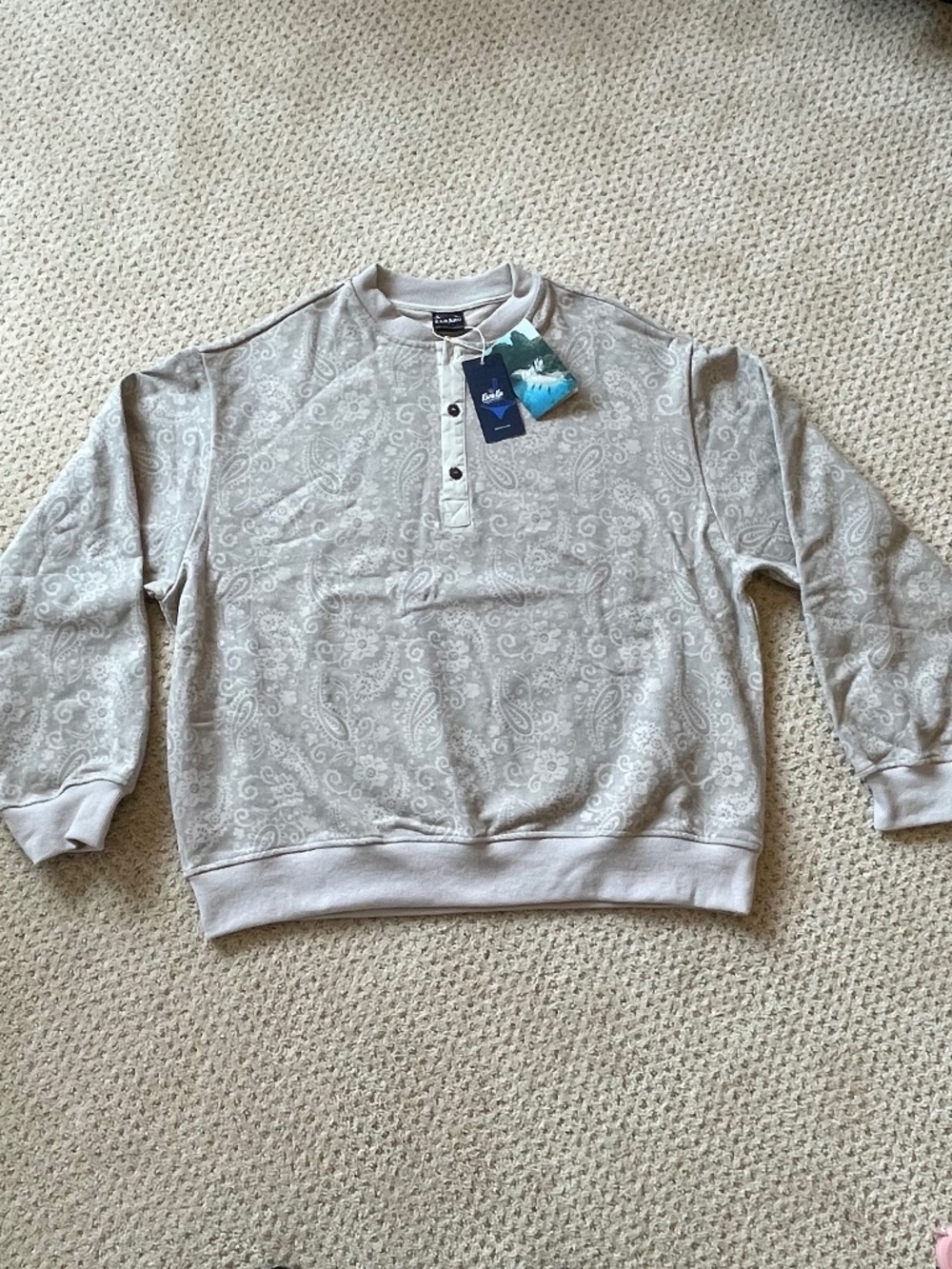 KaraKu Washed Paisley Half-Button Sweatshirt in Khaki, Vintage Style XL Oversize